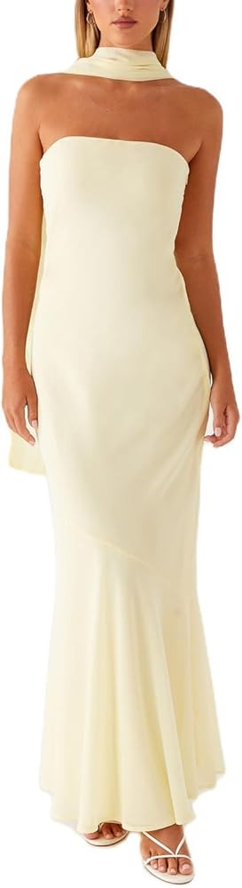 Women Strapless Floral Dress with Sarf Mesh Tube Maxi Dress Summer Cocktail Wedding Guest | Amazon (US)