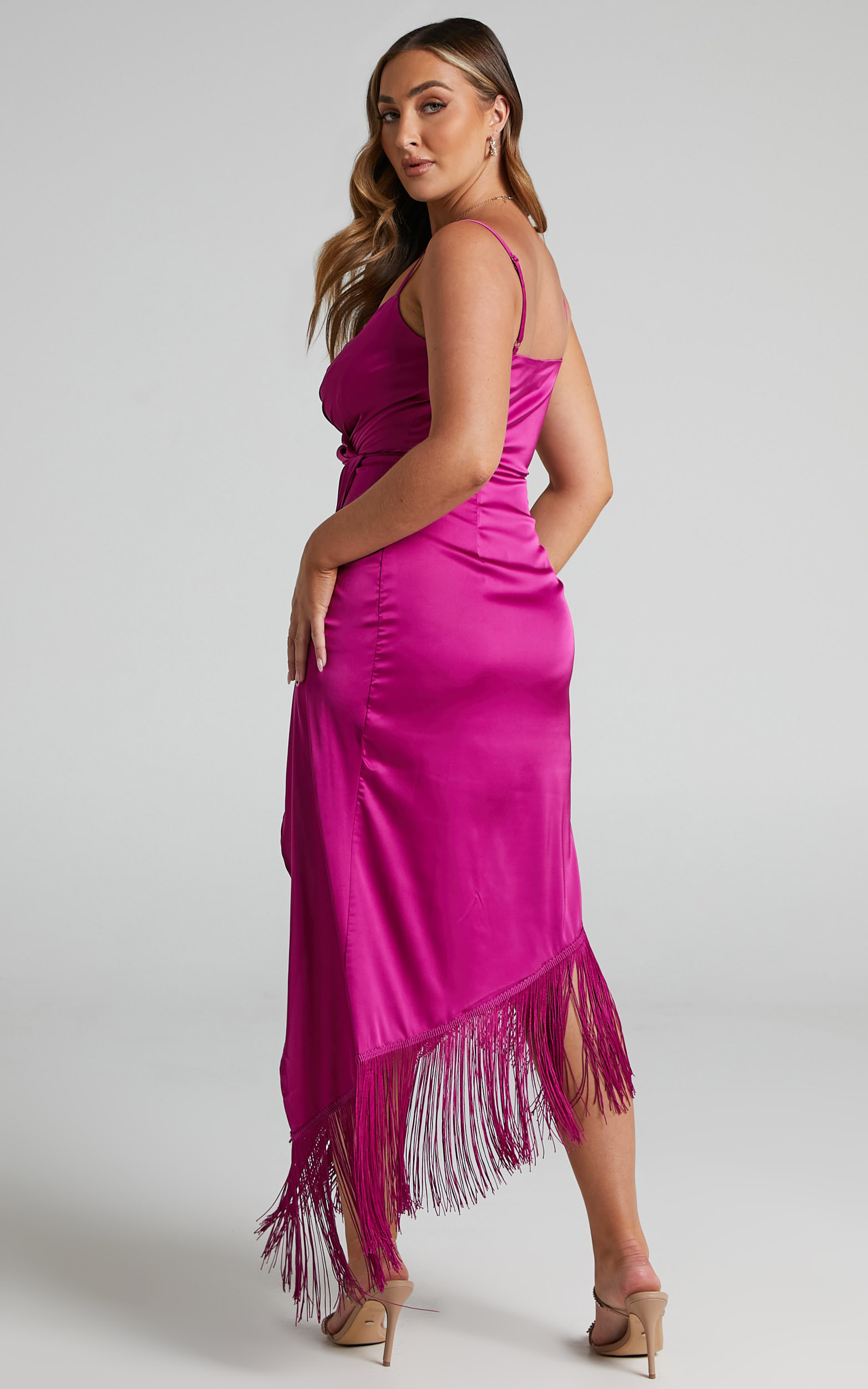 Rholie Plunge Neck Fringe Hem Fixed Wrap Midi Dress in Pink | Showpo (US, UK & Europe)