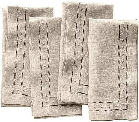 Linen Napkins - Natural Set of 4, Hemstitched Linen Dinner Napkins Cloth with Embroidered Dot 18 ... | Amazon (US)
