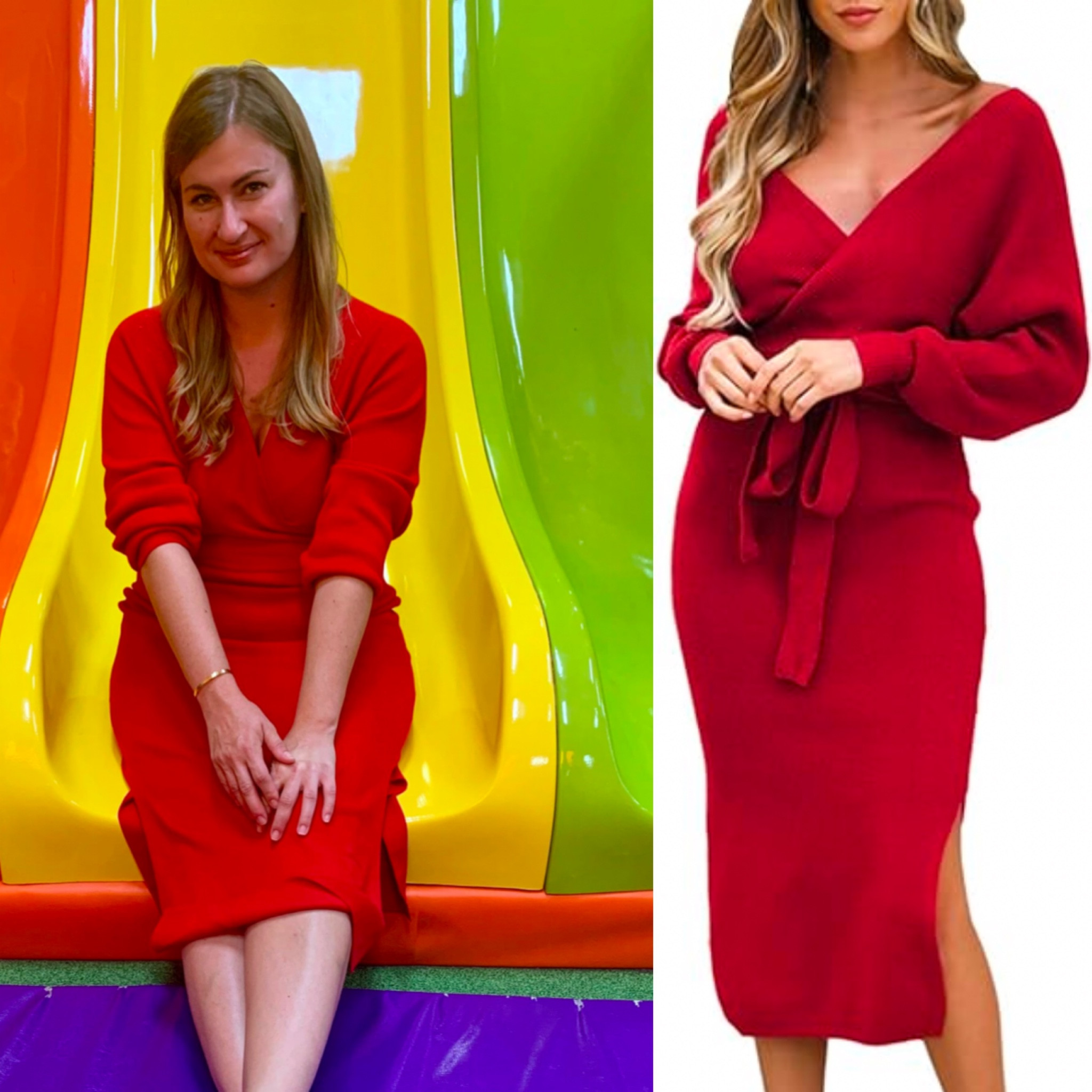 Such a cozy dress! Warm knit midi wrap dress in red with an open back detail and side slit 

#LTKHoliday #LTKfindsunder50 #LTKSeasonal