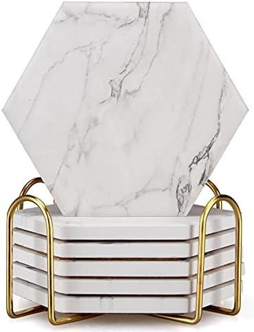 Hexagon Marble Coasters with Holder Absorbent Coaster Set Modern Drink Stone Coasters White Ceram... | Amazon (US)