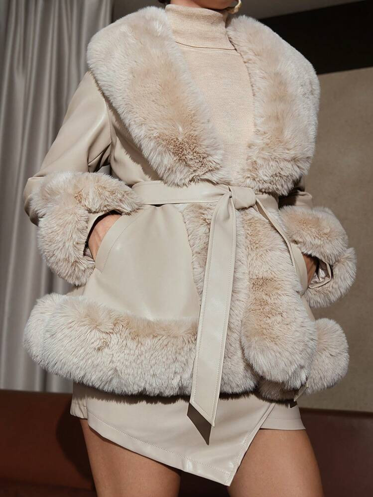 Anewsta Fuzzy Collar Belted Coat | SHEIN