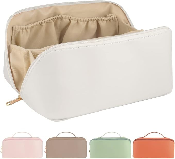 SOUKAHU Large Capacity Cosmetic Travel Bag PU Leather Makeup Bag Travel Makeup Organizer Portable... | Amazon (US)