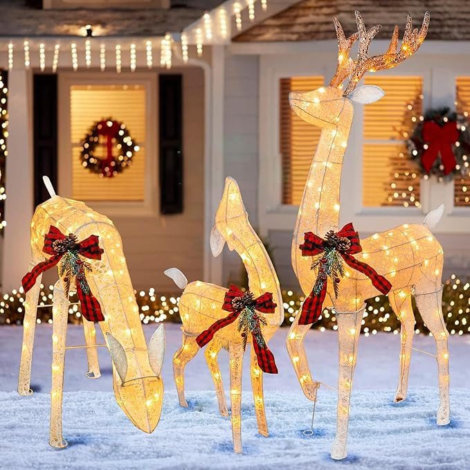 Hourleey 3-Piece Pre-Lit Christmas Reindeer Family Set, 3D Plug in 170 Count Warm White Lighted C... | Amazon (US)