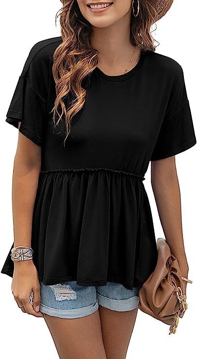 TASAMO Women's Loose Ruffle Hem Short Sleeve High Low Peplum Blouse Top | Amazon (US)