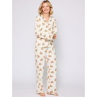 Loungeable Teddy Bear Button Shirt And Long Pant Pyjamas Set - Cream | Very (UK)