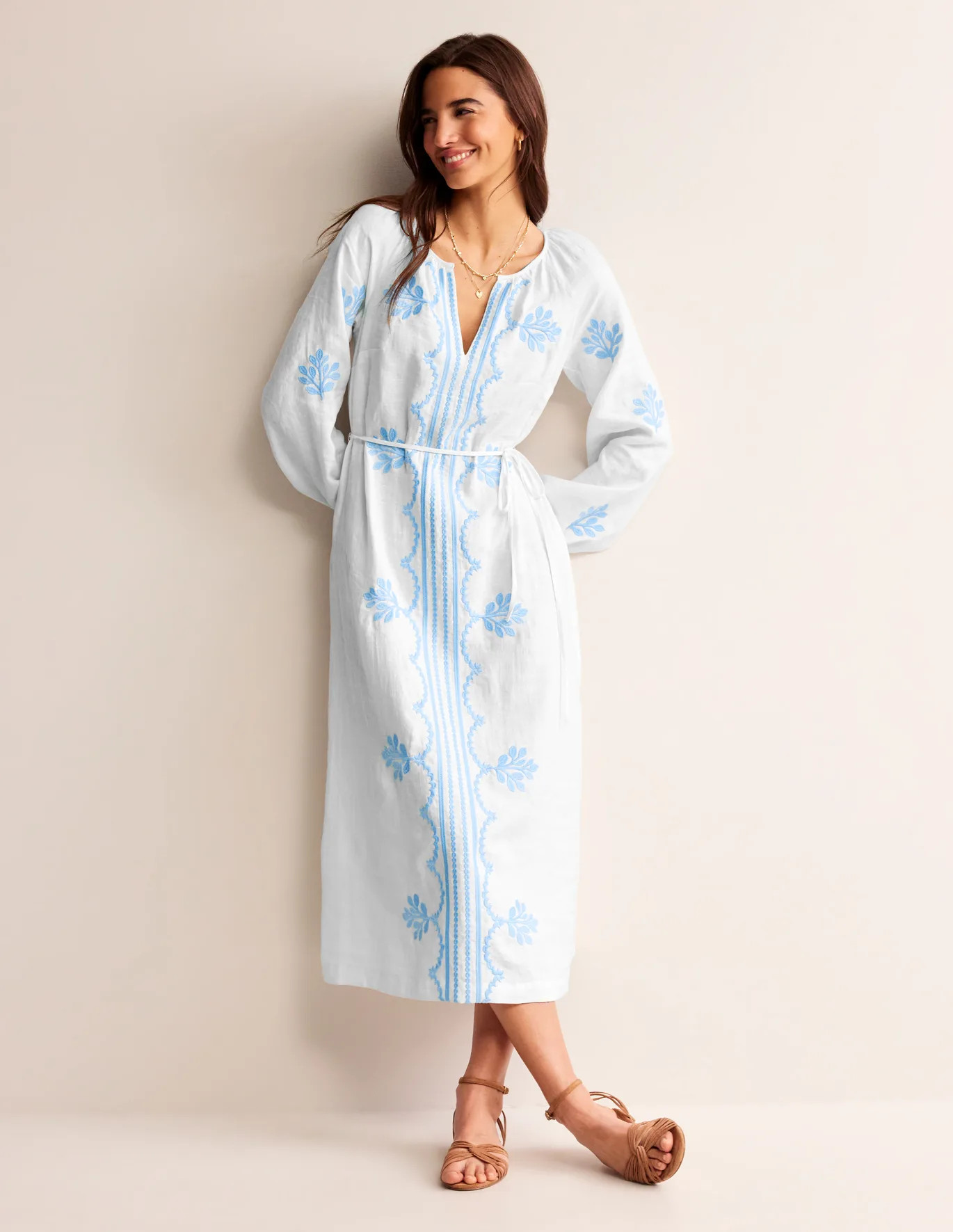 Embroidered Belted Linen Dress | Boden (US)