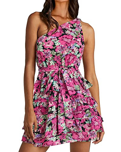 BTFBM Women One Shoulder Summer Dresses 2026 Floral Sundress High Waist Flowy Mini Beach Spring W... | Amazon (US)