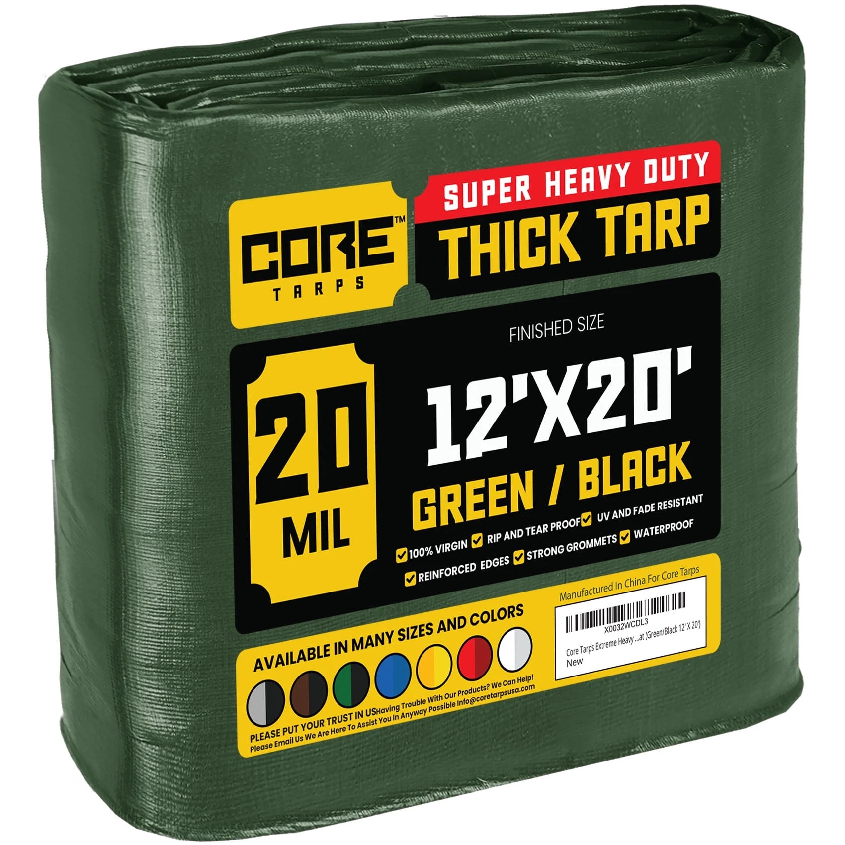 Core Tarps 20 Mil Heavy Duty Tarp Camping Tarpaulin Waterproof Cover, Green/Black 12' x 20' | Walmart (US)