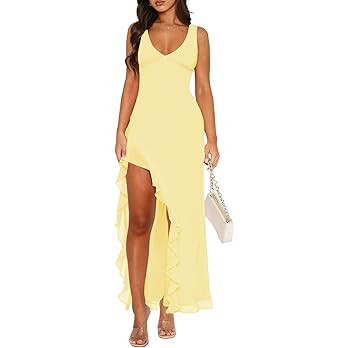 Women Sexy V Neck Sleeveless Mesh Ruffle Hem Bodycon Maxi Casual Backless High Slit Cocktail Part... | Amazon (US)