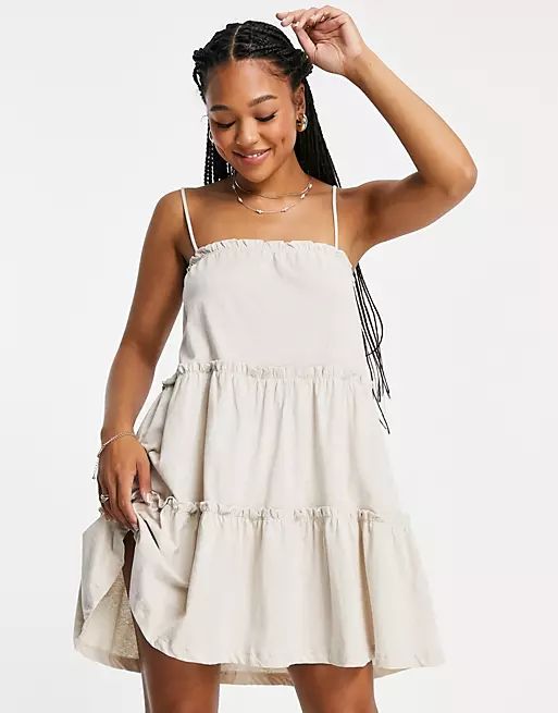 ASOS DESIGN strappy sundress with tiered frill detail in stone | ASOS (Global)