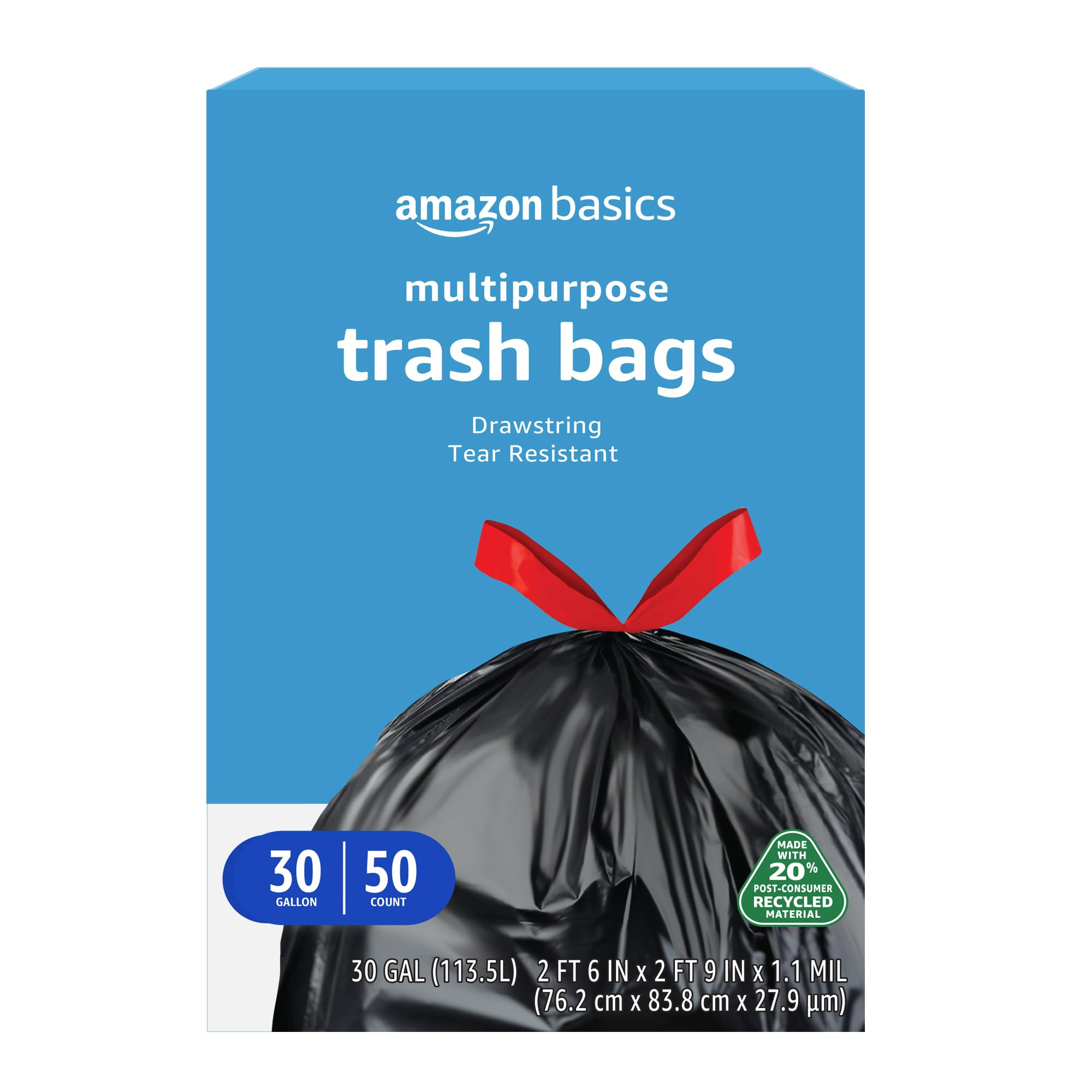 Amazon Basics 30 Gallon Multipurpose Drawstring Trash Bags, 20% Post Consumer Recycled, 50 count | Amazon (US)