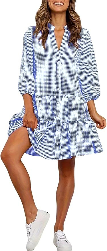 utcoco Women's 2026 Spring Summer Plaid Shirt Dress 3/4 Puff Sleeve Button Down Loose Casual Midi... | Amazon (US)