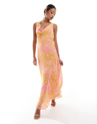 River Island cowl neck floral maxi dress in bright pink | ASOS (Global)