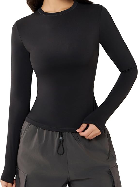 PATTERN HOUR Women's Long Sleeve T-Shirt Slim Fit Crew Neck Basic Sexy Tee Double Line | Amazon (US)