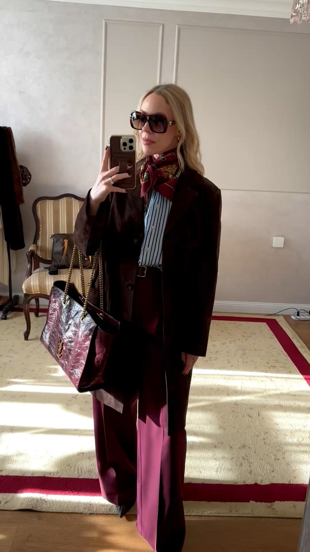 Work outfit, chocolate brown suede coat, business casual, spring workwear, chocolate brown and burgundy, silk scarf, @Zara striped button down, style over 40

#LTKOver40 #LTKWorkwear #LTKootd
