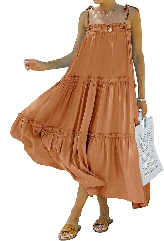 BTFBM Women 2024 Summer Maxi Dresses Sleeveless Spaghetti Strap Casual Sundress Tiered Ruffle Boh... | Amazon (US)
