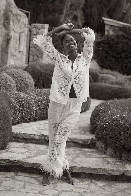 Hutch Faux-Feather Trim Lace Pajama Set | Anthropologie (US)