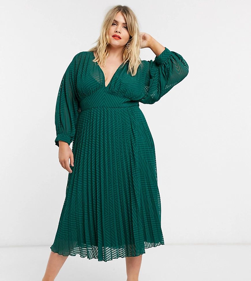 ASOS DESIGN Curve pleated batwing midi dress in chevron dobby in forest green | ASOS (Global)
