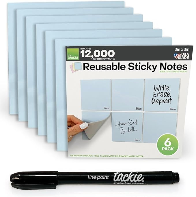 M.C. Squares Reusable Sticky Notes | 3" x 3" 6 Pack of Blue Stickies | Wet & Dry Erase Post Notes... | Amazon (US)