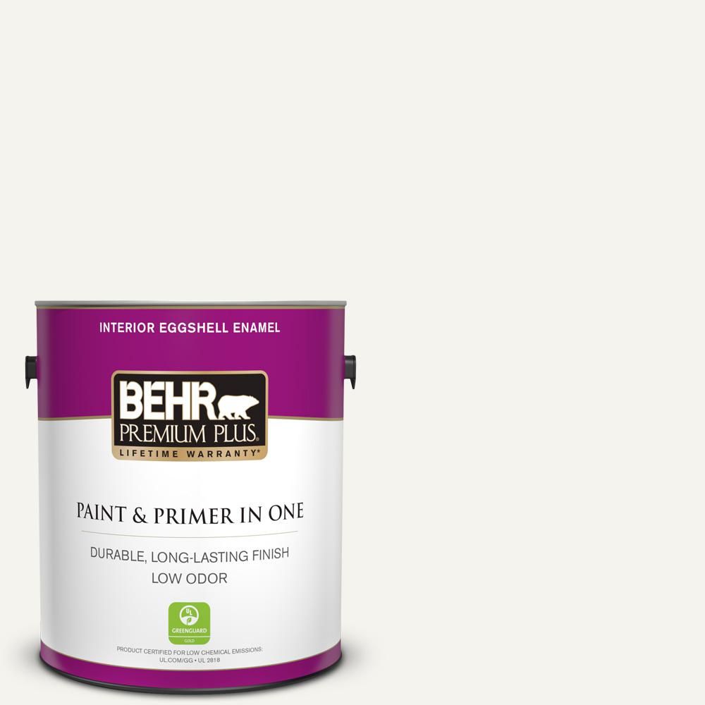 BEHR PREMIUM PLUS 1 gal. #75 Polar Bear Eggshell Enamel Low Odor Interior Paint and Primer in One... | The Home Depot