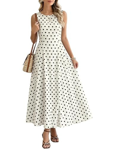 Lingswallow Polka Dot Dress for Women Boat Neck Maxi Tank Vintage Sleeveless 2026 Long Dresses Beach Vacation Outfits Cocktail Spring Beachy White and Black Plus Size 16 18 X-Large | Amazon (US)