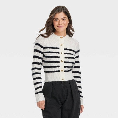 Women's Cashmere-Like Cable Stitch Cardigan - Universal Thread™ Navy/White Striped S | Target