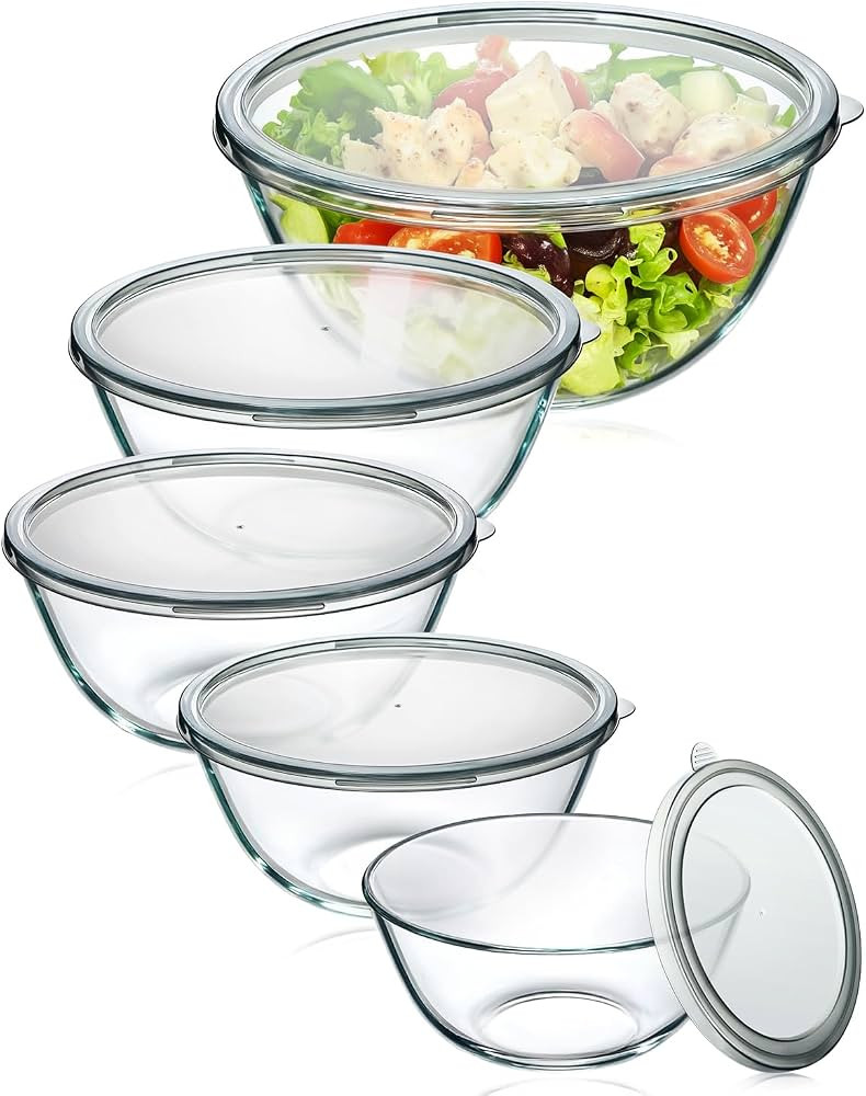 Glass Mixing Bowls with Lids Set of 5(4.78QT,2.2QT,1.7QT,1.1QT,0.85QT),Thick Glass Nesting Bowls ... | Amazon (US)