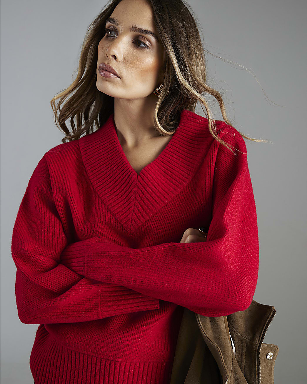 Red Knitted V Neck Jumper | River Island UK & IE