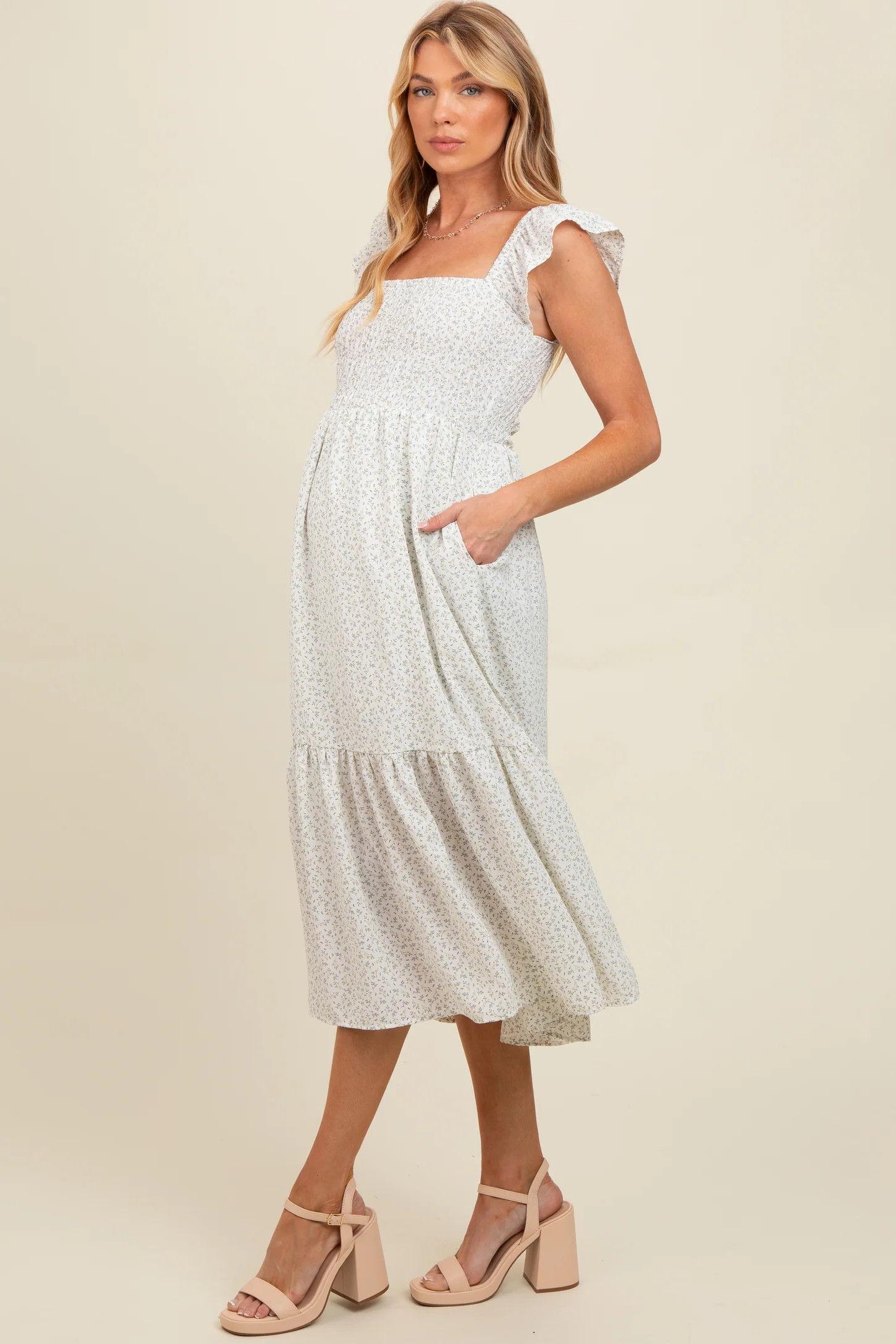 Cream Ruffle Strap Smocked Maternity Mid Dress | PinkBlush Maternity