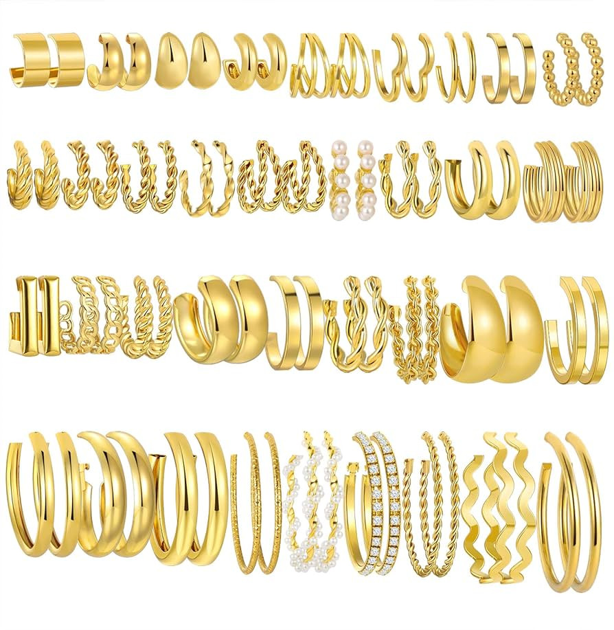 36 Pairs Gold Hoop Earrings Set for Women, Chunky Gold Earrings Multipack, Trendy Hypoallergenic ... | Amazon (US)