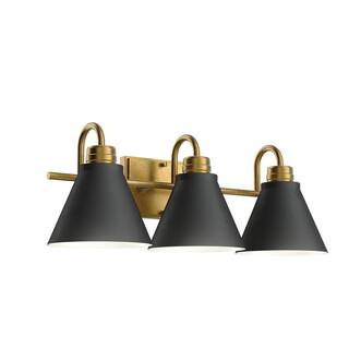 Rosburg 23 in. 3-Light Natural Brass with Matte Black Bathroom Vanity Light | The Home Depot