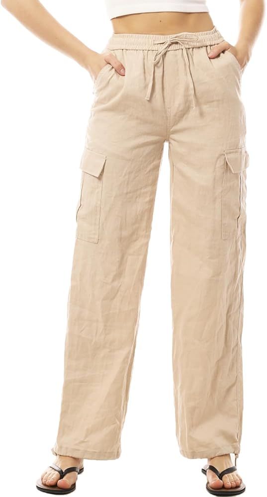 Design by Olivia Women's Linen Cargo Pants Parachute Pants Summer Y2K Wide Leg Pants with Pockets | Amazon (US)