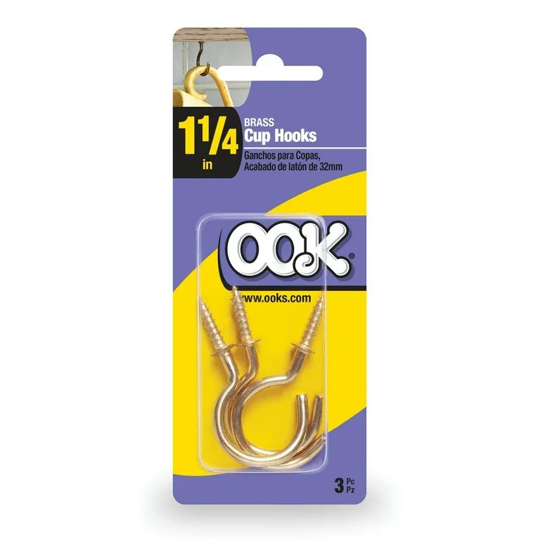 OOK Cup Hooks, Brass Finish, Steel, 1.25", Screw-in, 1 lbs., 3 Pieces | Walmart (US)