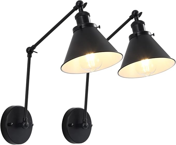 OVANUS Swing Arm Wall Lamp Set of 2, Adjustable Black Wall Sconce Hardwired, Bedside Wall Lamp | Amazon (US)