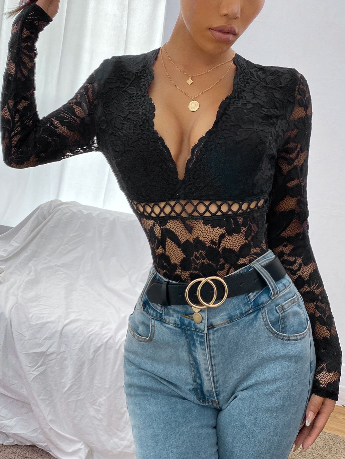 Plunging Neck Sheer Lace Bodysuit | SHEIN