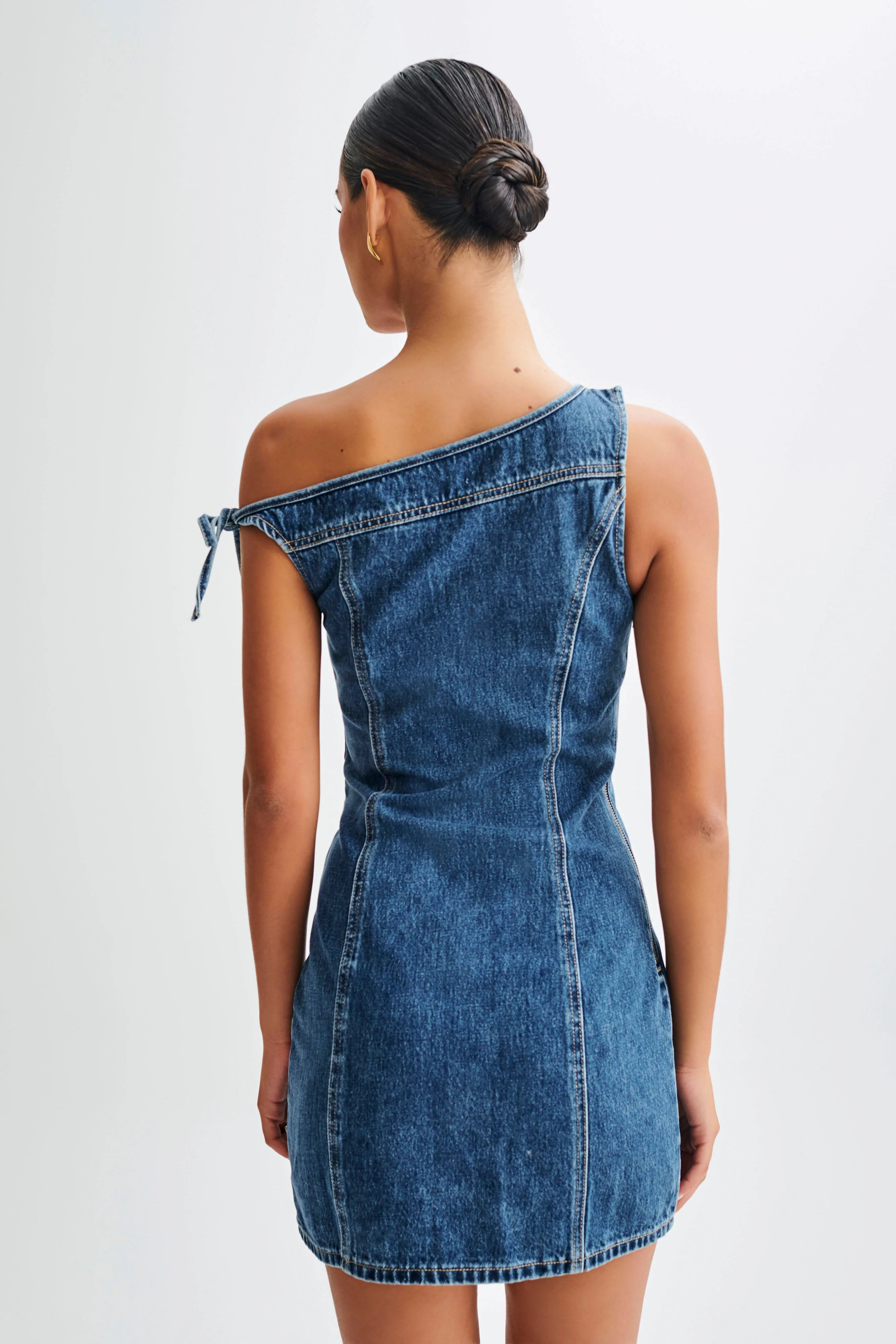 Baker Off Shoulder Denim Mini Dress - Dark Blue | MESHKI US