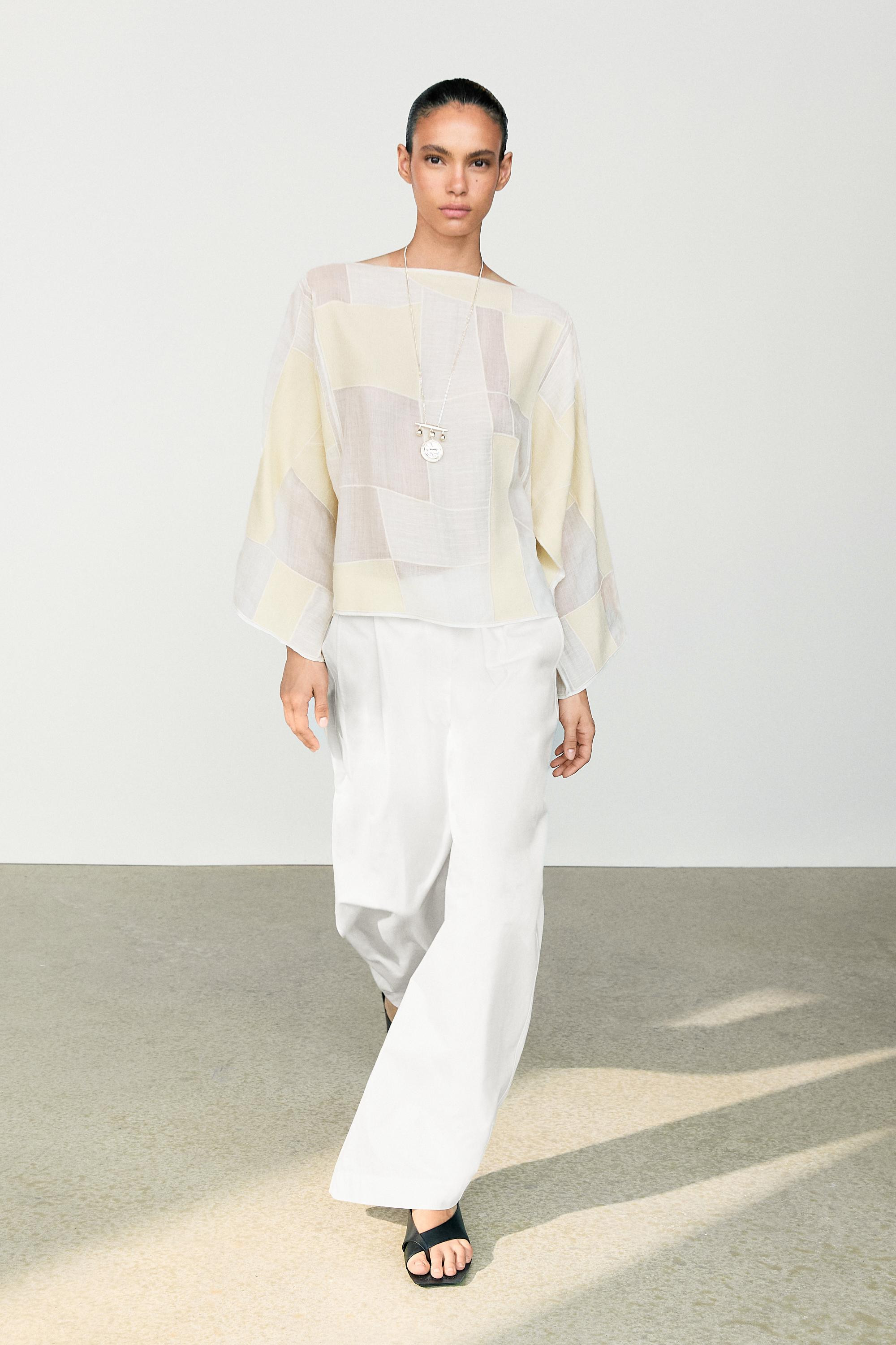 Patchwork print boat neck blouse | Massimo Dutti UK
