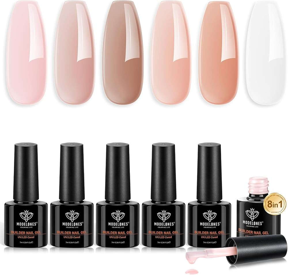 modelones Builder Nail Gel, Base Colors 8-in-One Jelly Caramel Brown Nude Pink Clear Builder Nail... | Amazon (US)