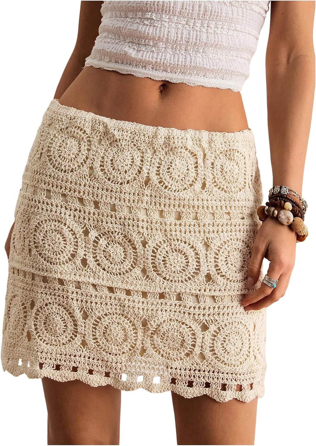 SHENHE Women's Boho Crochet Mini Skirt Hollow Out Vacation Western Skirt | Boho Crochet Lace,High Waist,A-Line Skirt,Vintage Aesthetic,Geometric Print,For Vacation | Amazon (US)