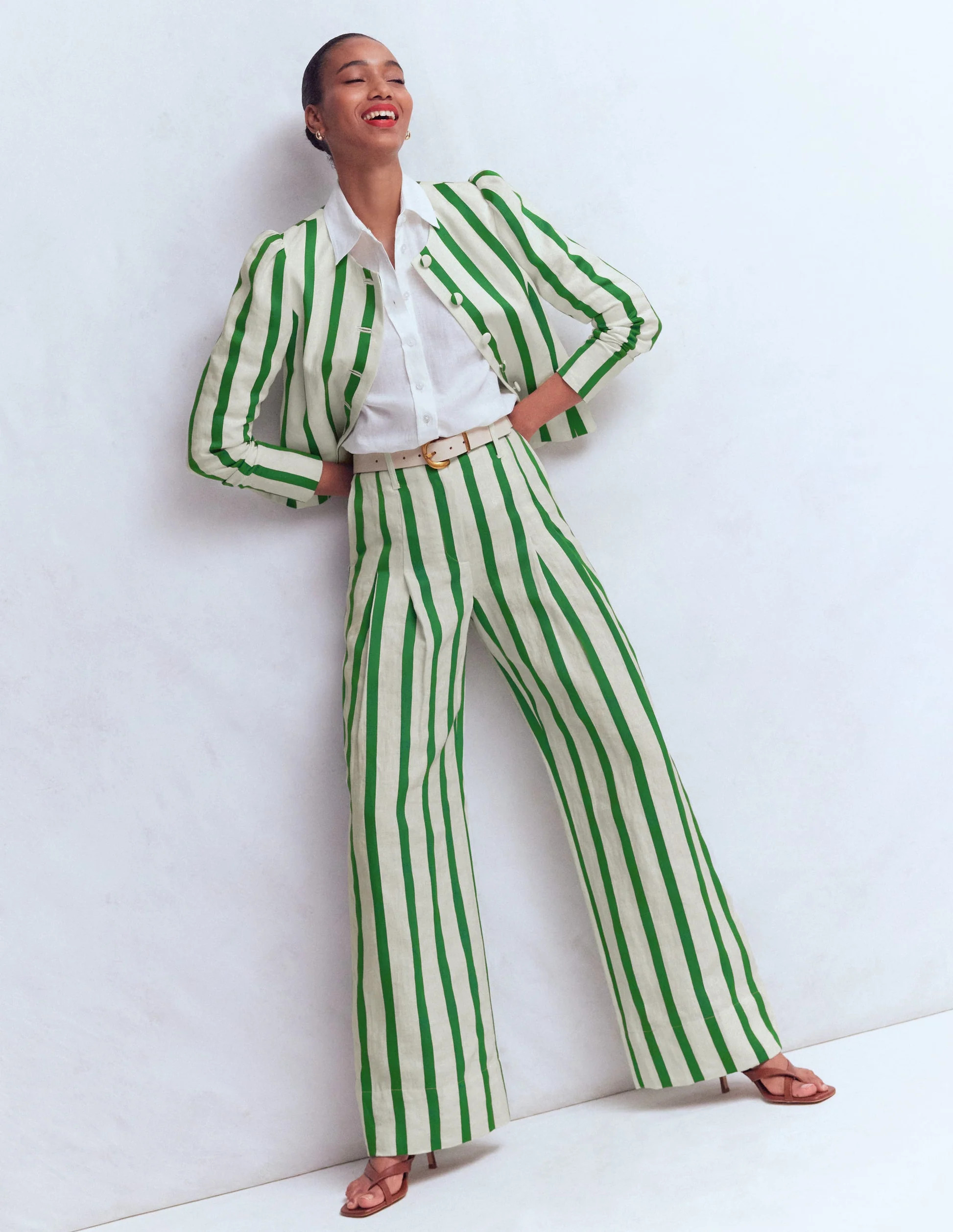 Mayfair Linen Trousers-Ivory, Fresh Green Stripe | Boden UK