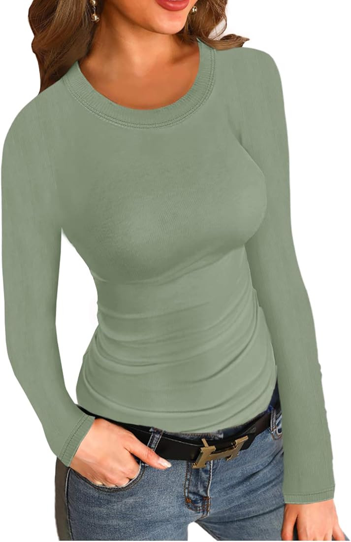 Womens Ribbed Long Sleeve Crewneck Shirts Fitted Sweaters Slim Fit Basic Casual Tops | Amazon (US)