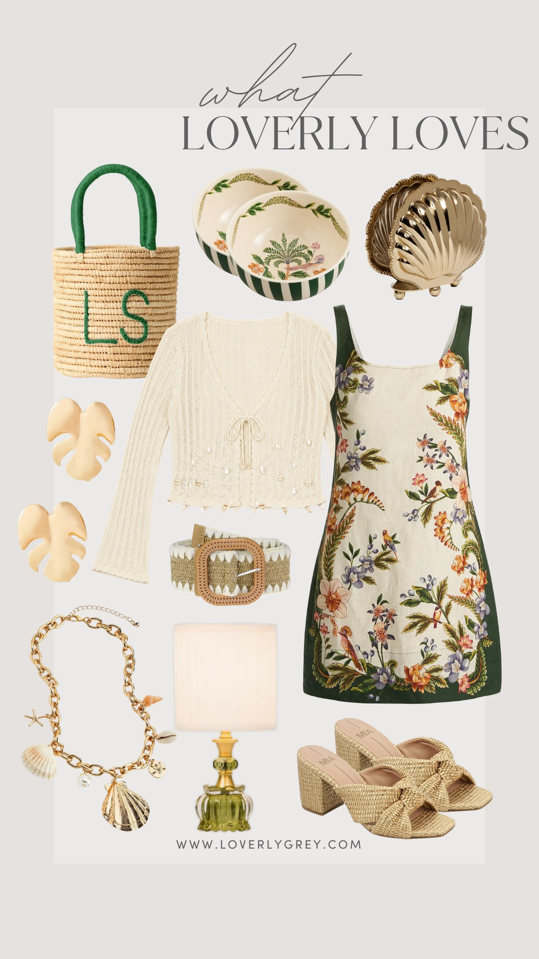 Palm Beach-inspired summer finds with woven textures, botanical prints, coastal gold accents, and elevated resort pieces! Everything from statement mini dresses to raffia heels and charming home accents for a polished getaway vibe.

loverly grey, resortwear, palm beach style, coastal chic, botanical print dress, woven heels, raffia bag, summer outfit ideas, vacation style, elevated neutrals, gold shell decor, chic home finds, tropical aesthetic, summer capsule wardrobe 

 #LTKSeasonal #LTKHome #LTKTravel