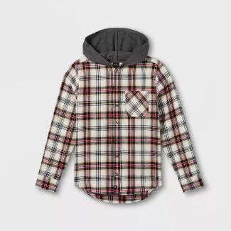 Boys&#39; Boxy Flannel Hooded Long Sleeve Button-Down Shirt - art class&#8482; Gray XS | Target