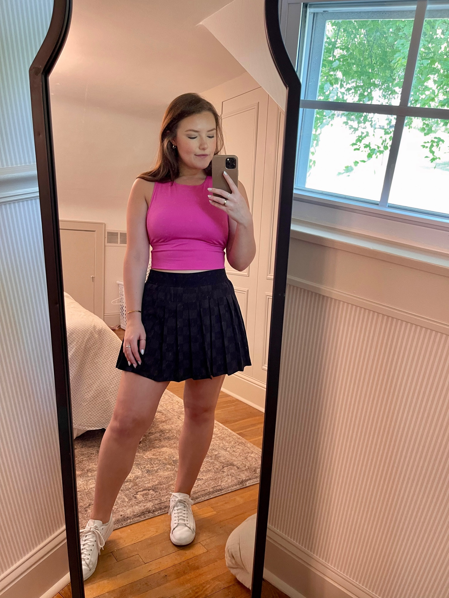 Target find, target workout wear, athleisure, spring outfit, pink top, tennis skirt, white sneakers, workout, sports bra, checkered, crop top, gold jewelry 

#LTKSeasonal #LTKunder50 #LTKstyletip