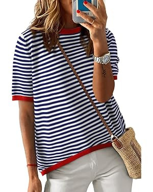 Dokotoo Womens Tops 2026 Casual Summer Crewneck Short Sleeve Striped Color Block Knit High Low Tr... | Amazon (US)