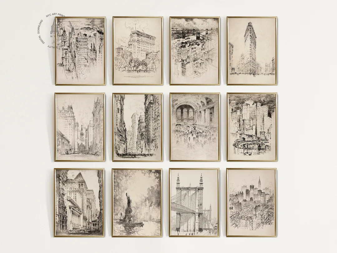 Vintage New York Gallery Wall Print Set of 12, NYC Antique Sketches, New York City Prints, Vintag... | Etsy (US)