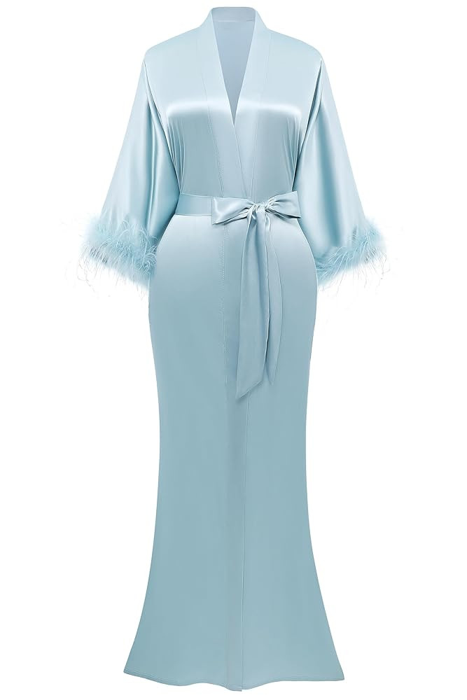 PRODESIGN Satin Kimono Robe Long Silky Bathrobe with Ostrich Feather Trim Sleepwear Wedding Bride... | Amazon (US)