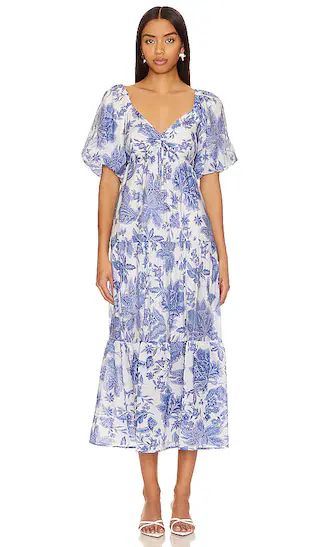 Perla Midi Dress in Blue Floral | Revolve Clothing (Global)