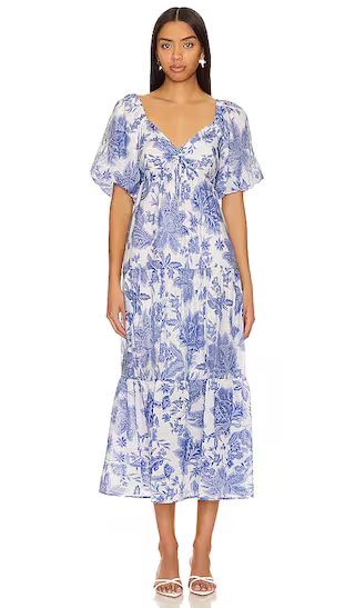 Perla Midi Dress in Blue Floral | Revolve Clothing (Global)